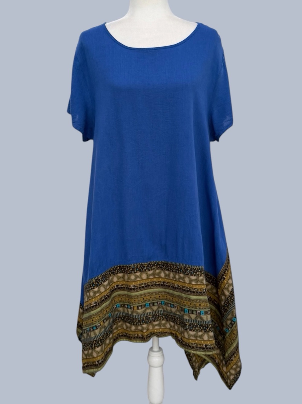 Minibee Blue Ethnic Linen Blend Short Sleeve Asymmetrical Border Midi Dress, L